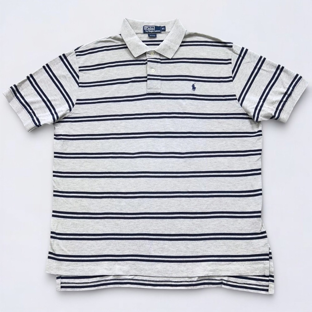 Polo Ralph Lauren Shirt Men's XL Gray Blue Striped Short Sleeve Polo Rugby Golf